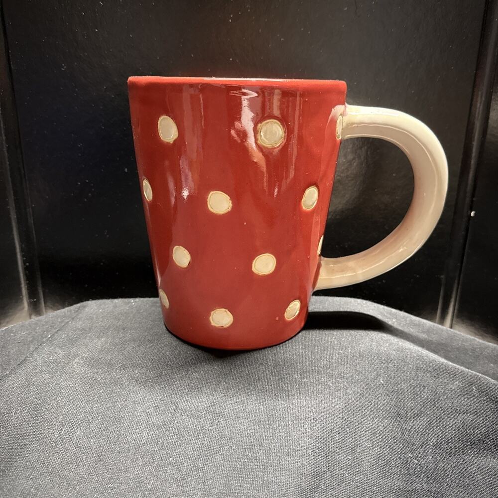 Giant ‘coffee mug’ planter red and white polkadot 7” x 9” Vietnam Garden